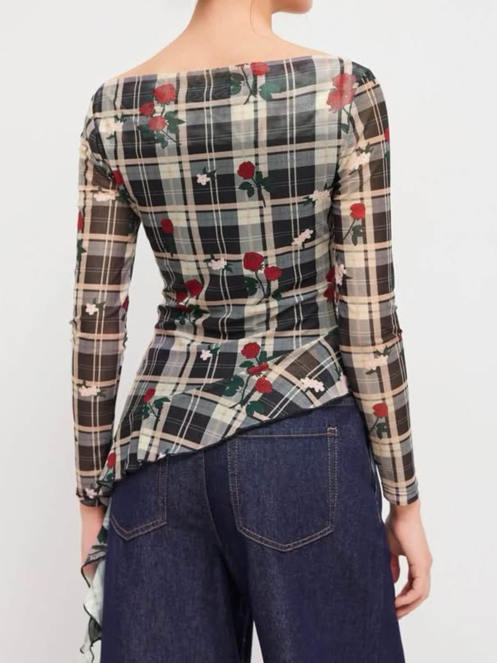 Cider MESH BOAT NECK ROSE PLAID RUFFLE HEM TOP XL nwt - Picture 3 of 3